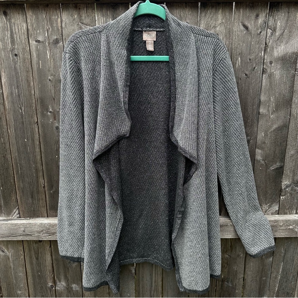 Chicos Gray Silver Metallic Open Waterfall Cardigan Contrast Hem Long Sl…